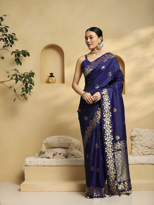 Navy Blue Banarasi Silk Saree - Ressa