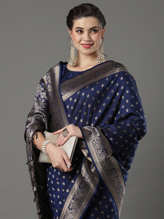 Navy Blue Banarasi Silk Saree - Ressa