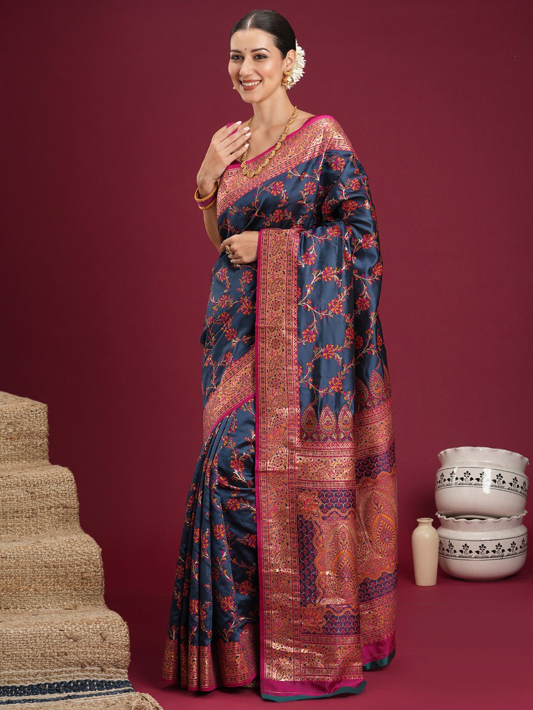 navy blue banarasi silk saree - Ressa