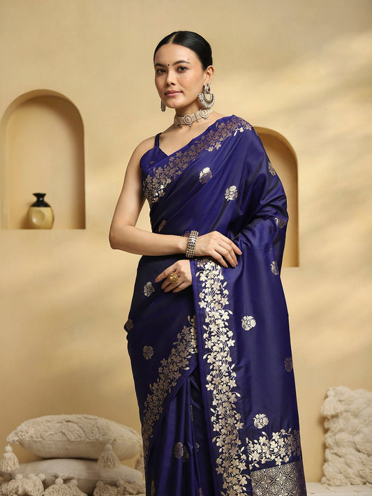 Navy Blue Banarasi Silk Saree - Ressa