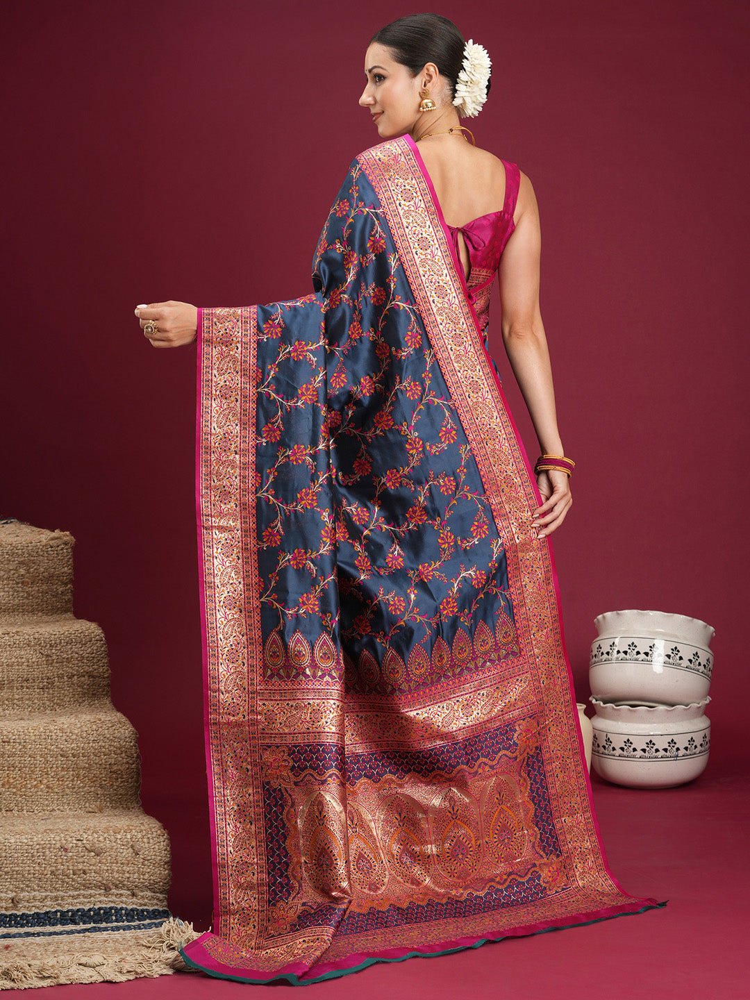 navy blue banarasi silk saree - Ressa