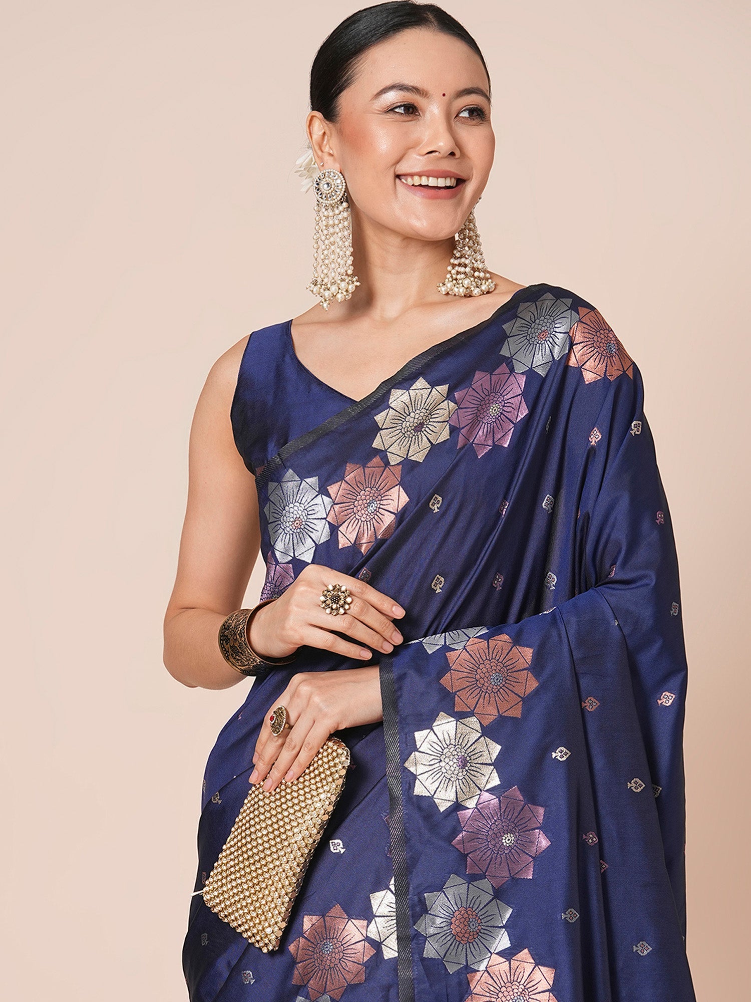 Navy Blue Banarasi Silk Saree with Multicolour Meenakari Floral Weave - Ressa