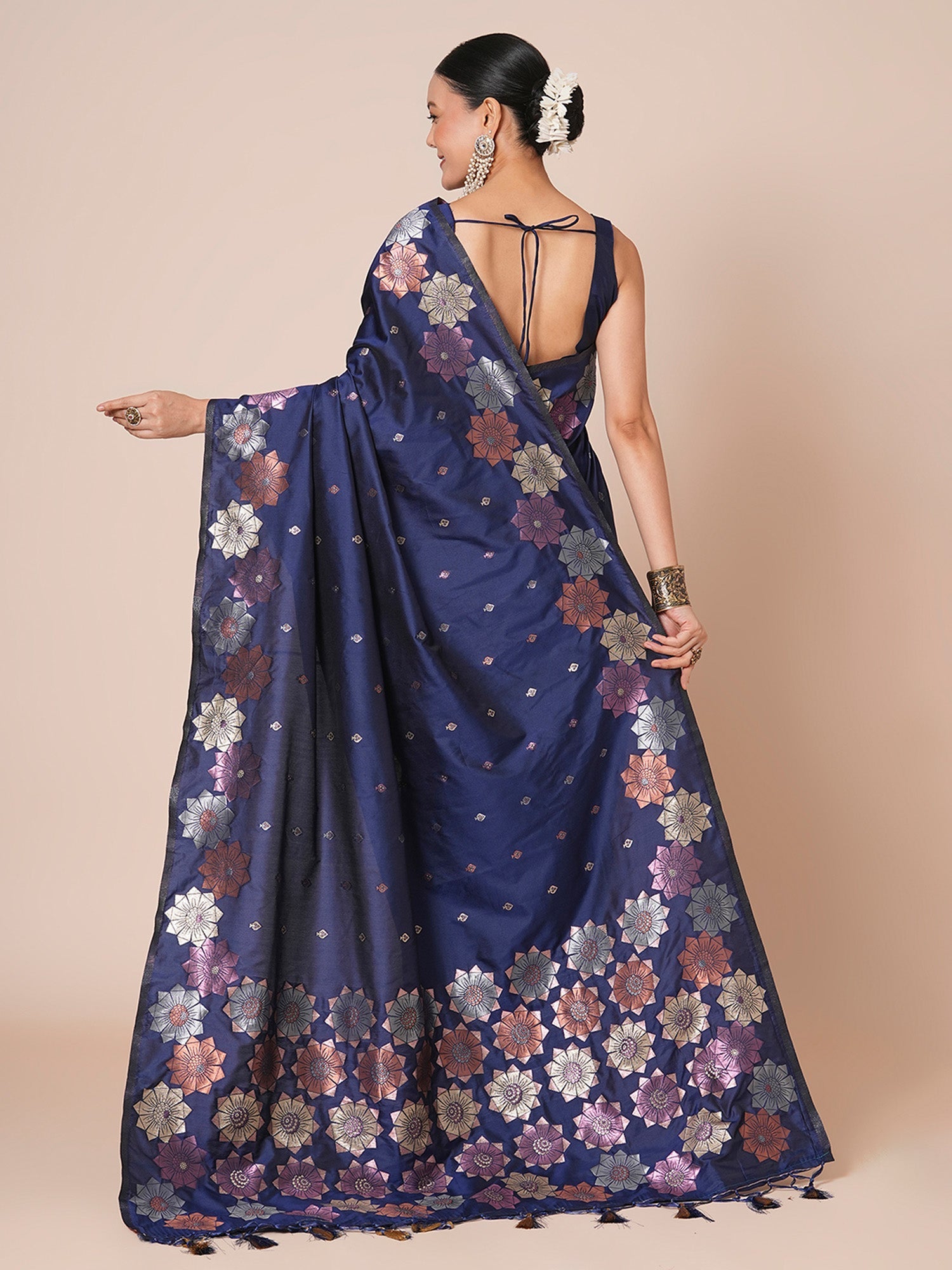 Navy Blue Banarasi Silk Saree with Multicolour Meenakari Floral Weave - Ressa