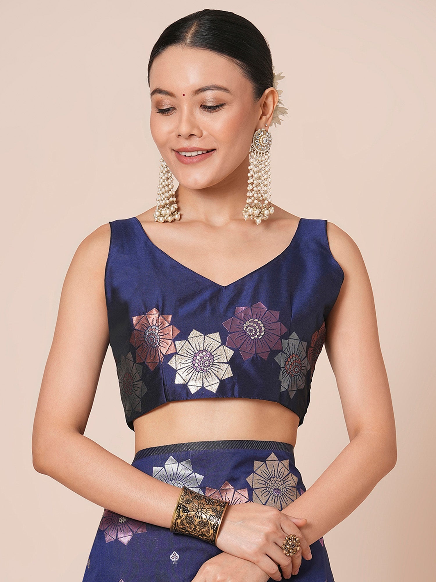 Navy Blue Banarasi Silk Saree with Multicolour Meenakari Floral Weave - Ressa