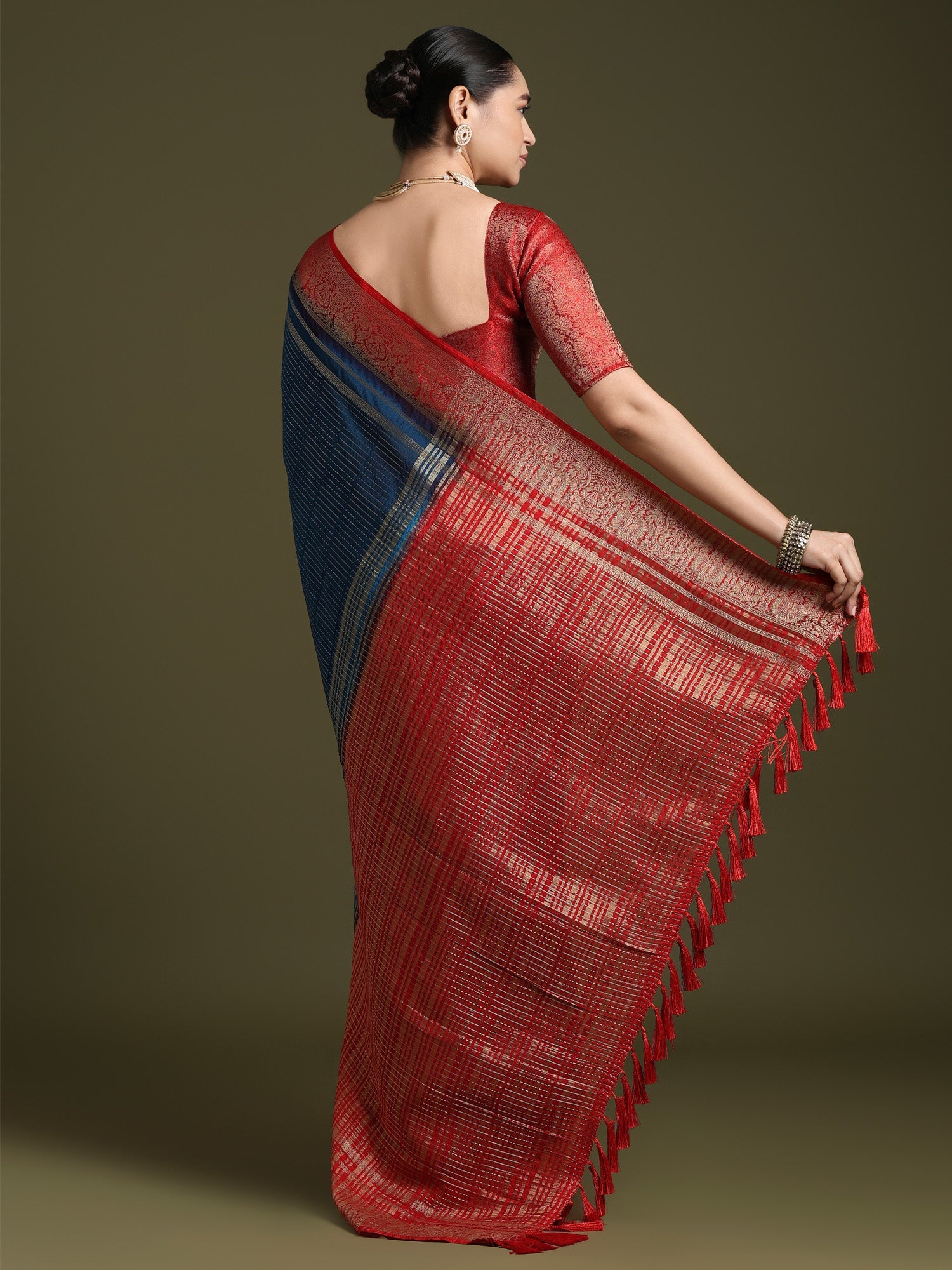 Navy Blue Banarasi Silk Saree with Red Zari Border - Ressa