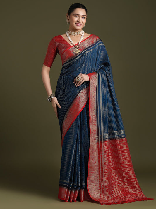 Navy Blue Banarasi Silk Saree with Red Zari Border - Ressa