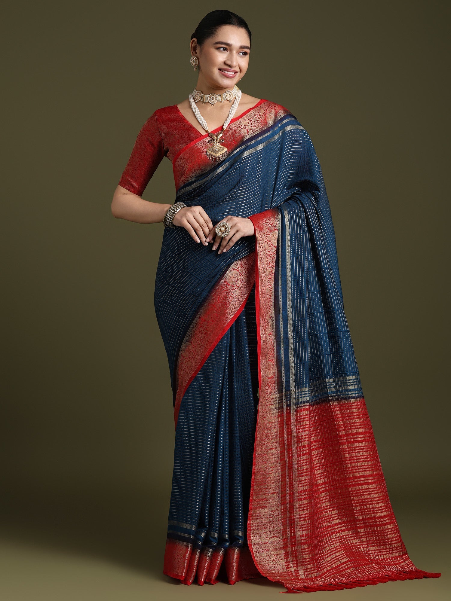 Navy Blue Banarasi Silk Saree with Red Zari Border - Ressa