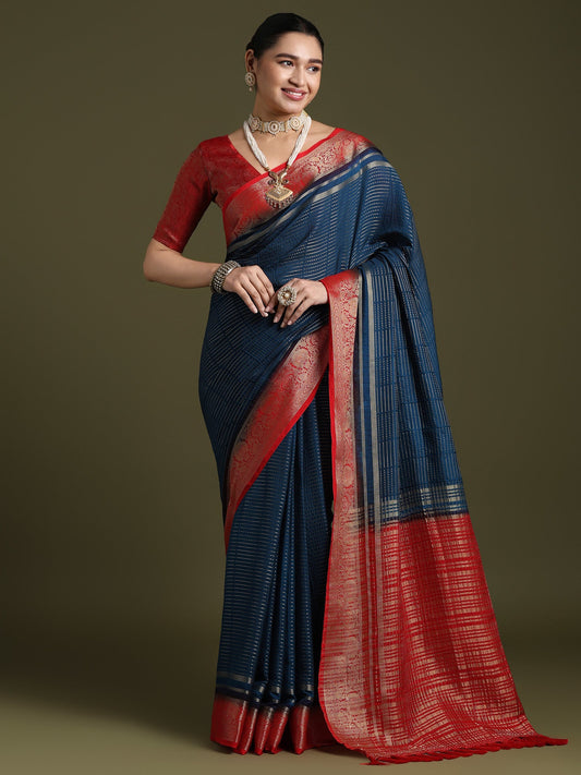 Navy Blue Banarasi Silk Saree with Red Zari Border - Ressa