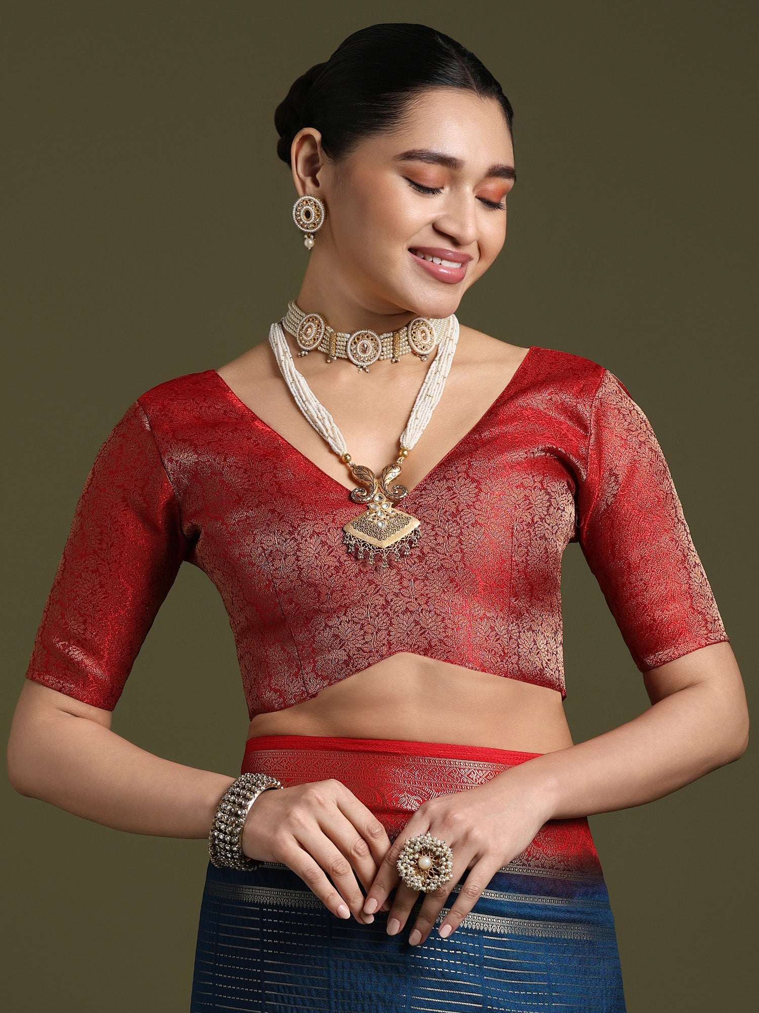 Navy Blue Banarasi Silk Saree with Red Zari Border - Ressa