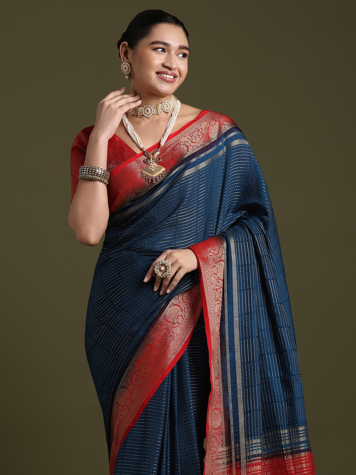 Navy Blue Banarasi Silk Saree with Red Zari Border - Ressa