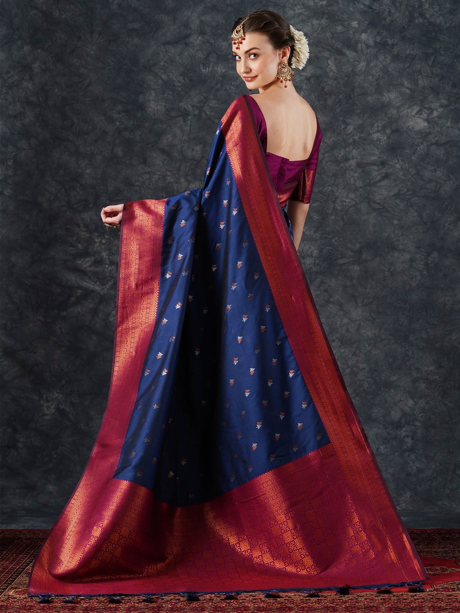 Navy Blue Banarasi Silk Saree with Zari Border - Ressa