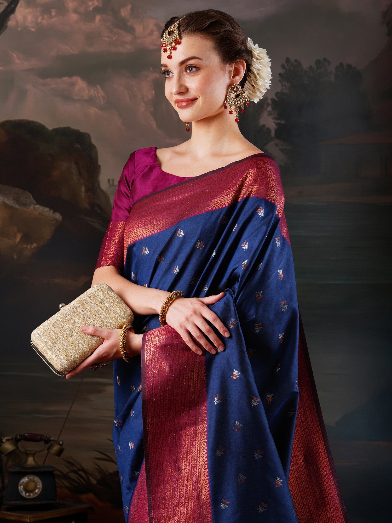Navy Blue Banarasi Silk Saree with Zari Border - Ressa