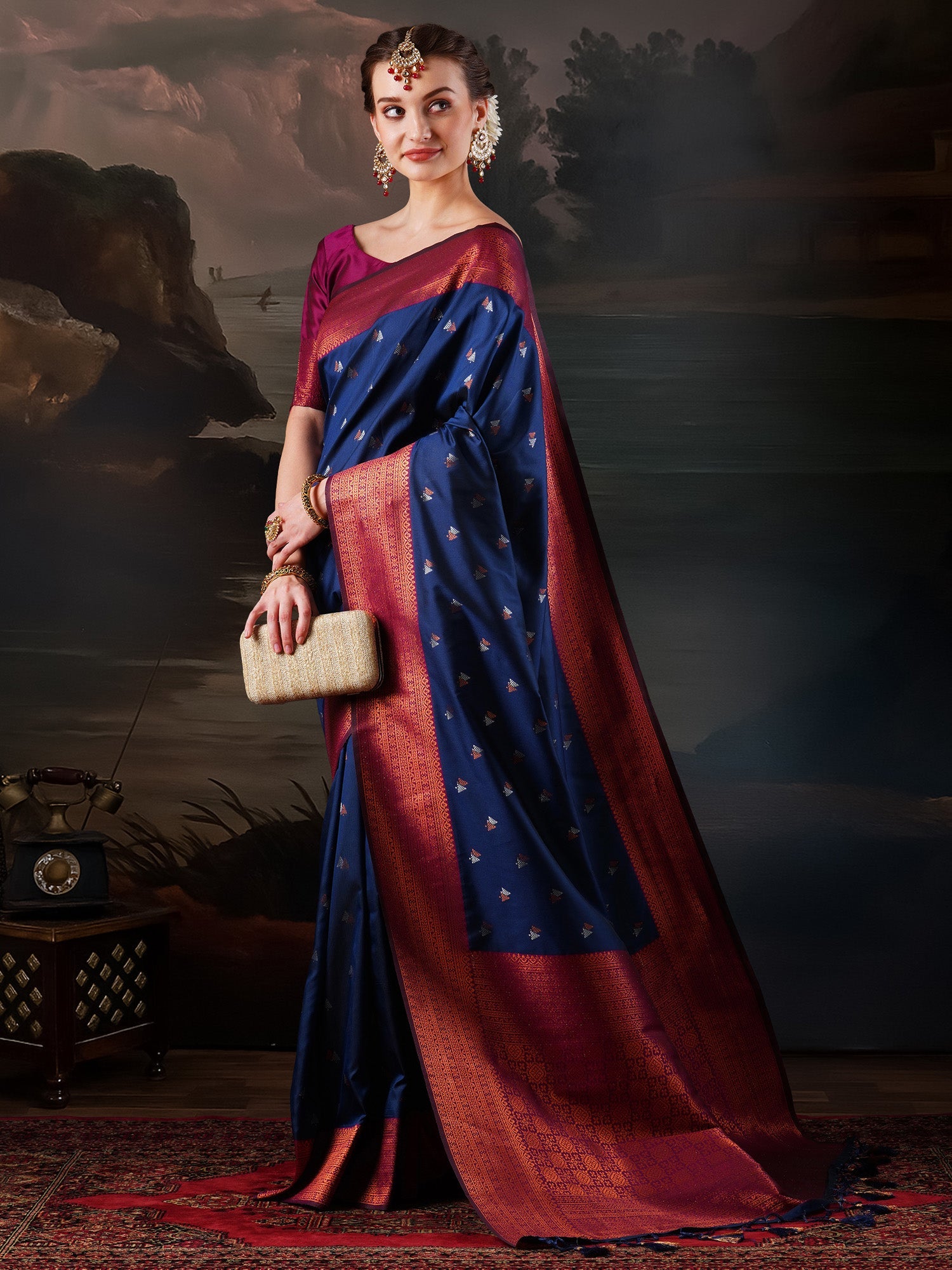 Navy Blue Banarasi Silk Saree with Zari Border - Ressa