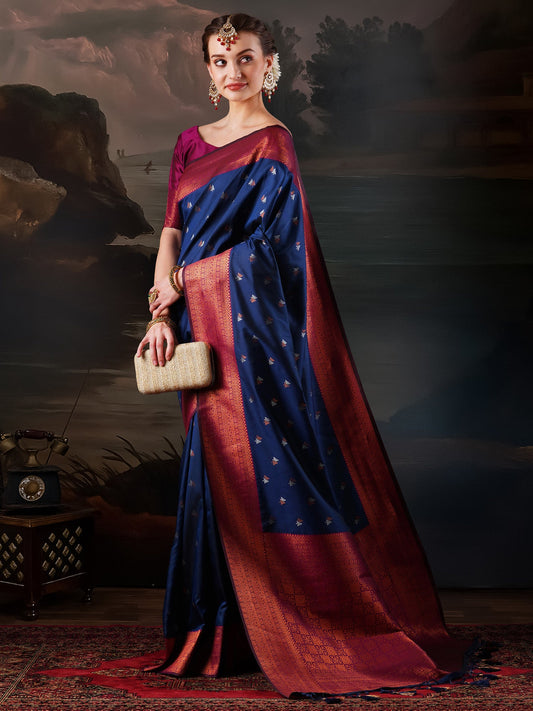 Navy Blue Banarasi Silk Saree with Zari Border - Ressa