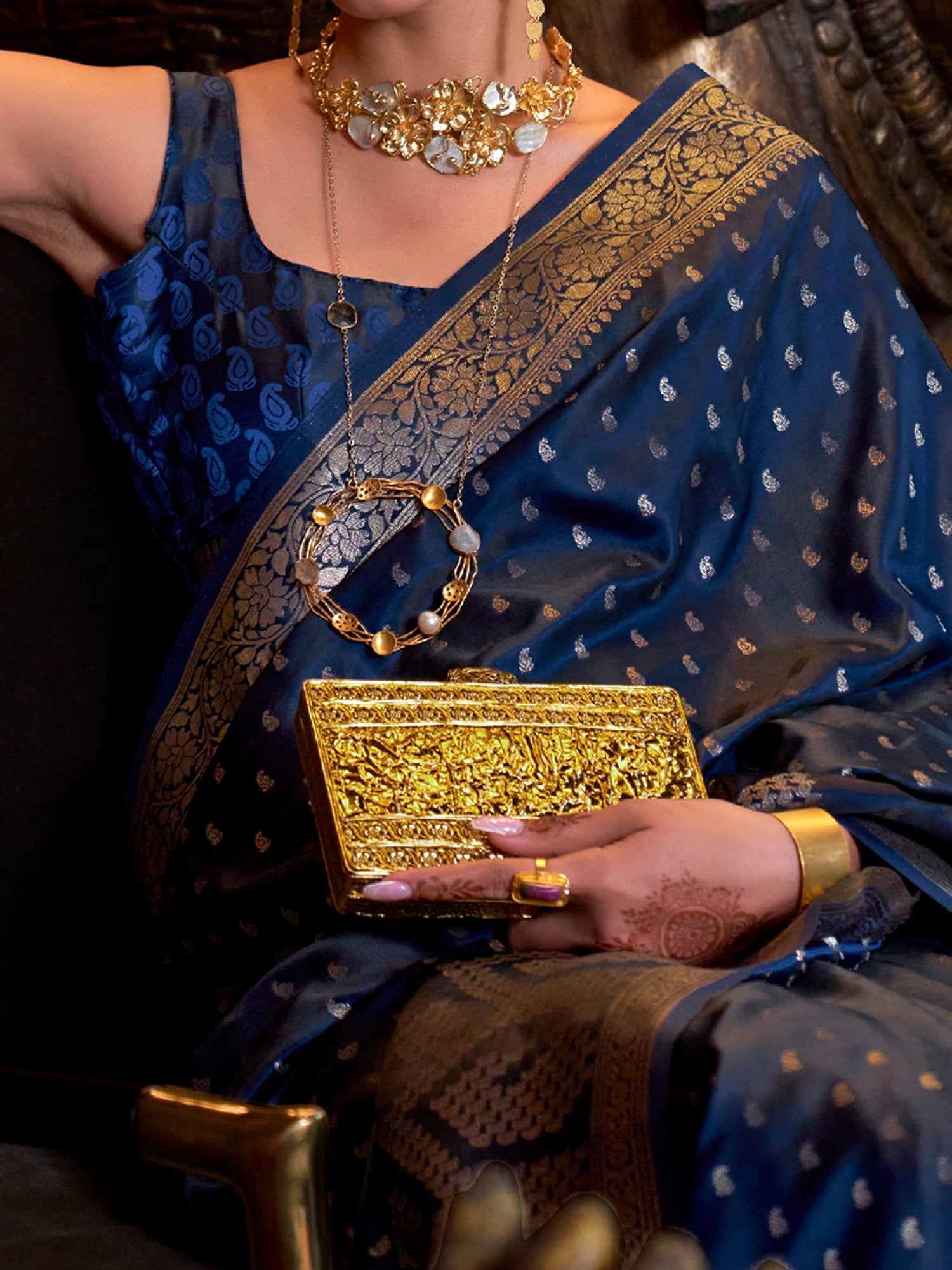 Navy Blue Banarasi Zari Weave Saree - Ressa