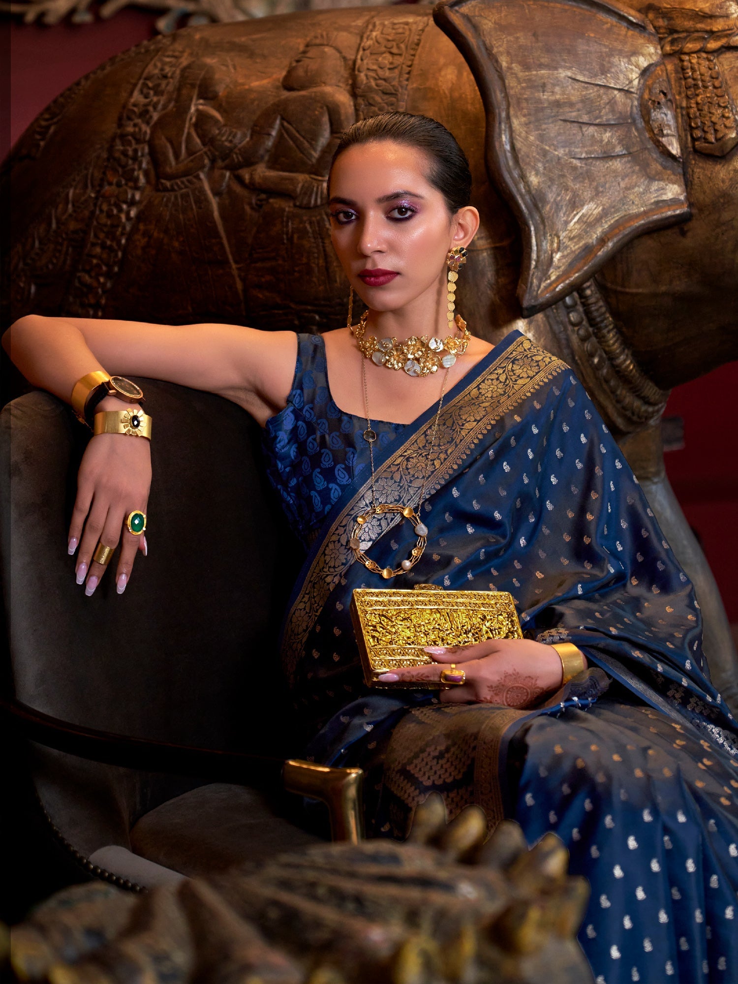 Navy Blue Banarasi Zari Weave Saree - Ressa