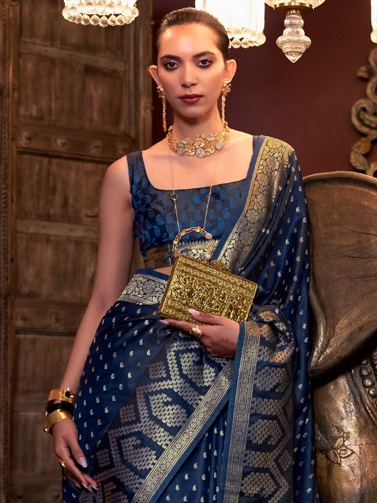 Navy Blue Banarasi Zari Weave Saree - Ressa
