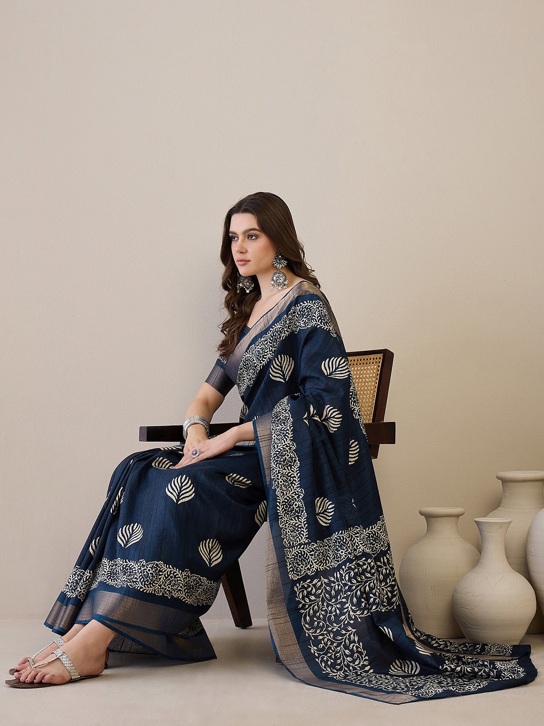 Navy Blue Batik Printed Saree - Ressa