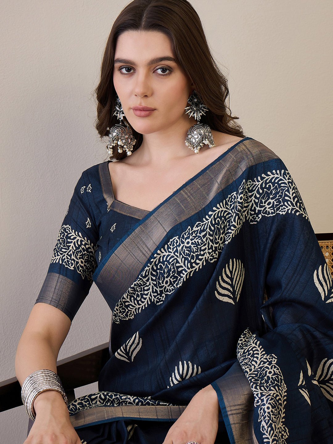 Navy Blue Batik Printed Saree - Ressa