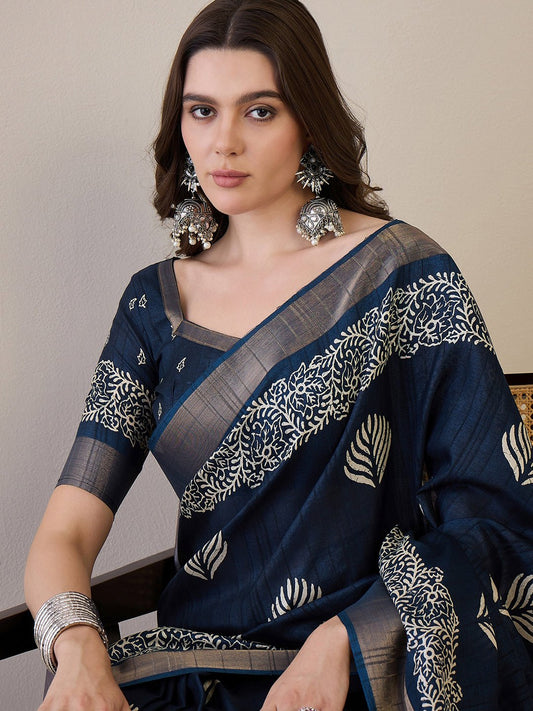 Navy Blue Batik Printed Saree - Ressa