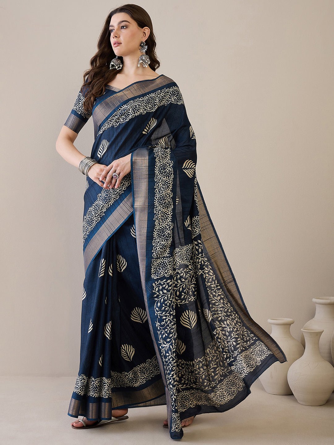 Navy Blue Batik Printed Saree - Ressa