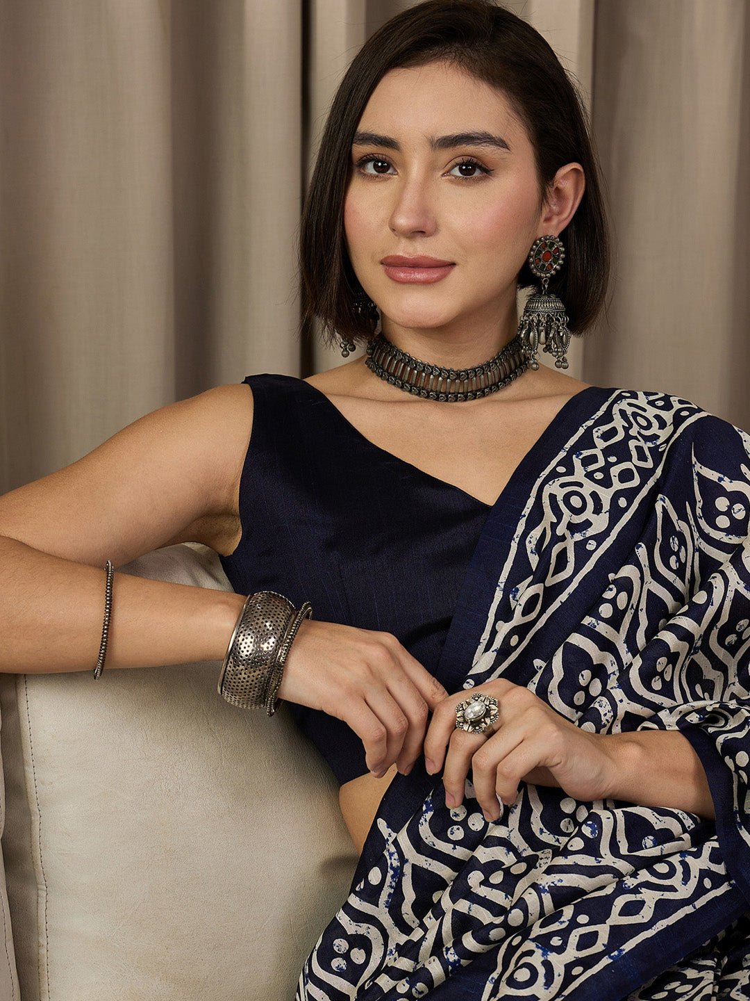 Navy Blue Bhagalpuri Silk Ikkat Print Saree - Ressa