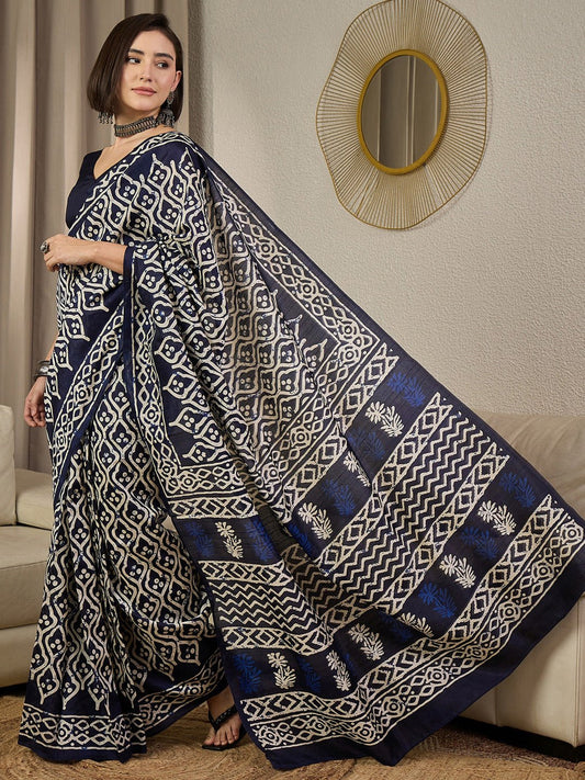 Navy Blue Bhagalpuri Silk Ikkat Print Saree - Ressa