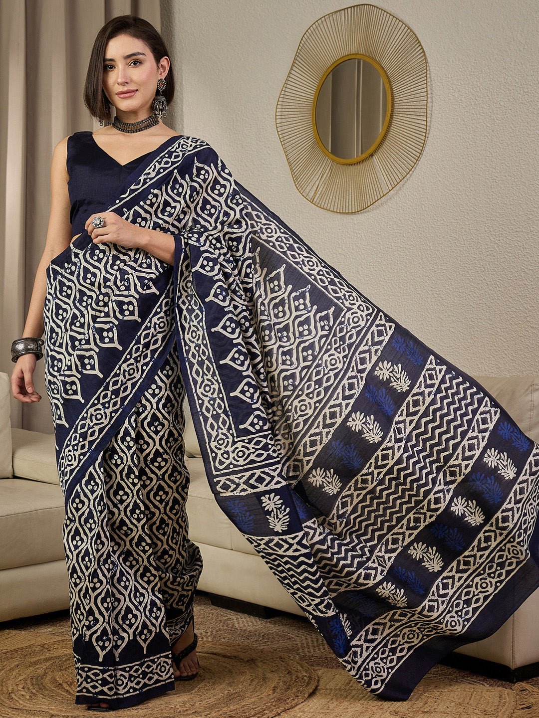 Navy Blue Bhagalpuri Silk Ikkat Print Saree - Ressa