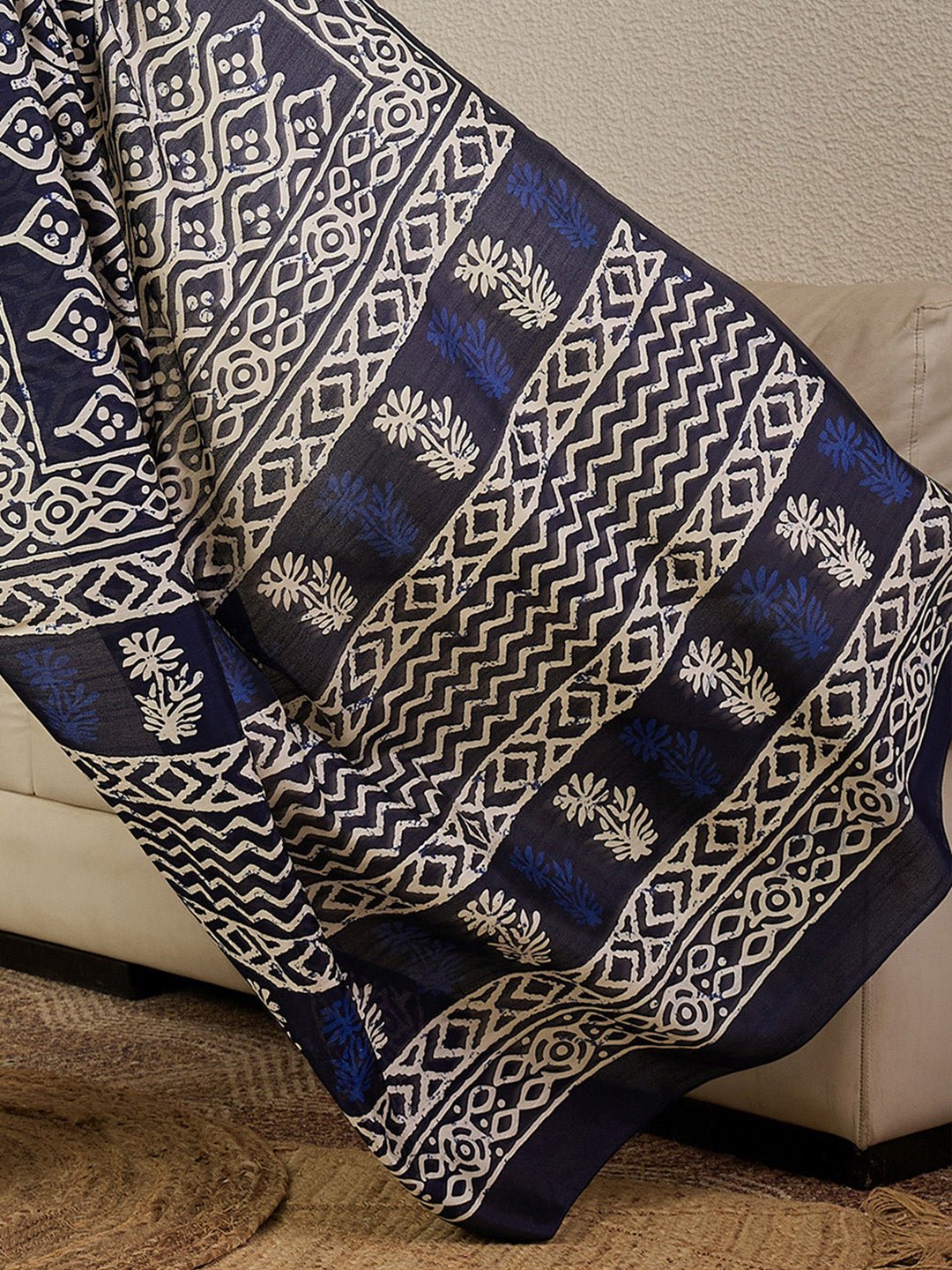 Navy Blue Bhagalpuri Silk Ikkat Print Saree - Ressa