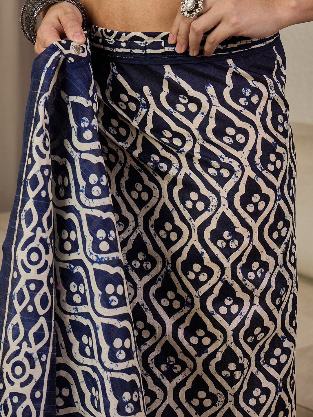 Navy Blue Bhagalpuri Silk Ikkat Print Saree - Ressa