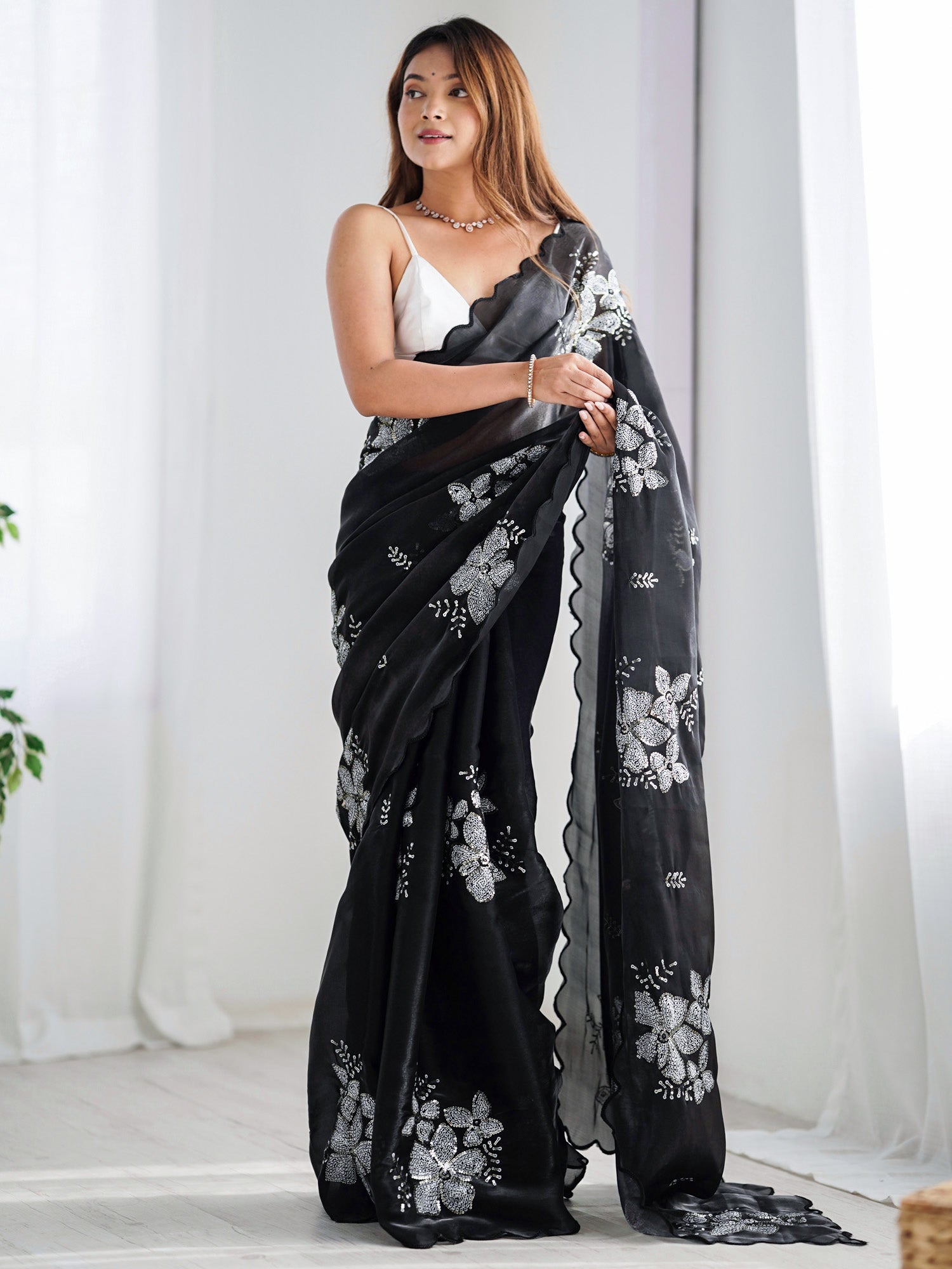 Navy Blue & Black Organza Sequin Embroidered Saree - Ressa