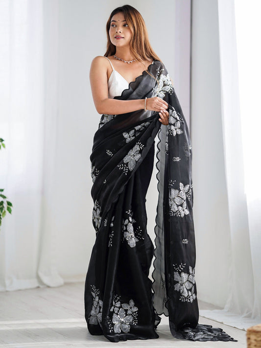 Navy Blue & Black Organza Sequin Embroidered Saree - Ressa