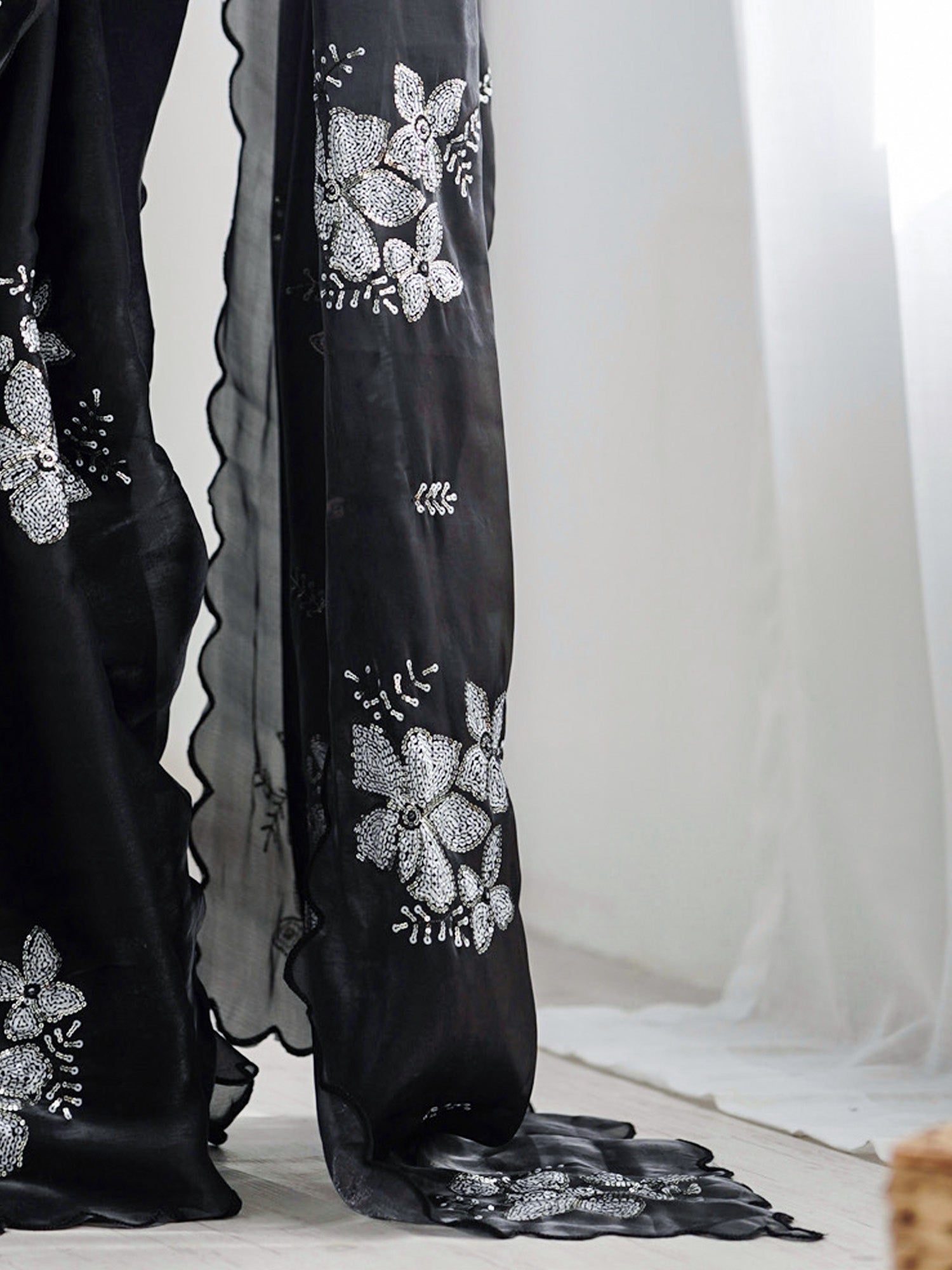 Navy Blue & Black Organza Sequin Embroidered Saree - Ressa
