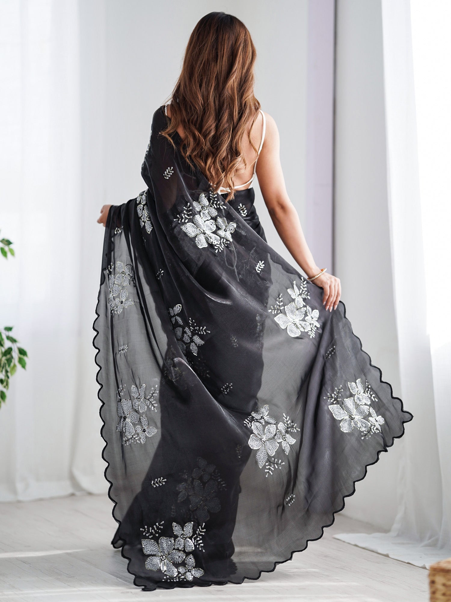 Navy Blue & Black Organza Sequin Embroidered Saree - Ressa