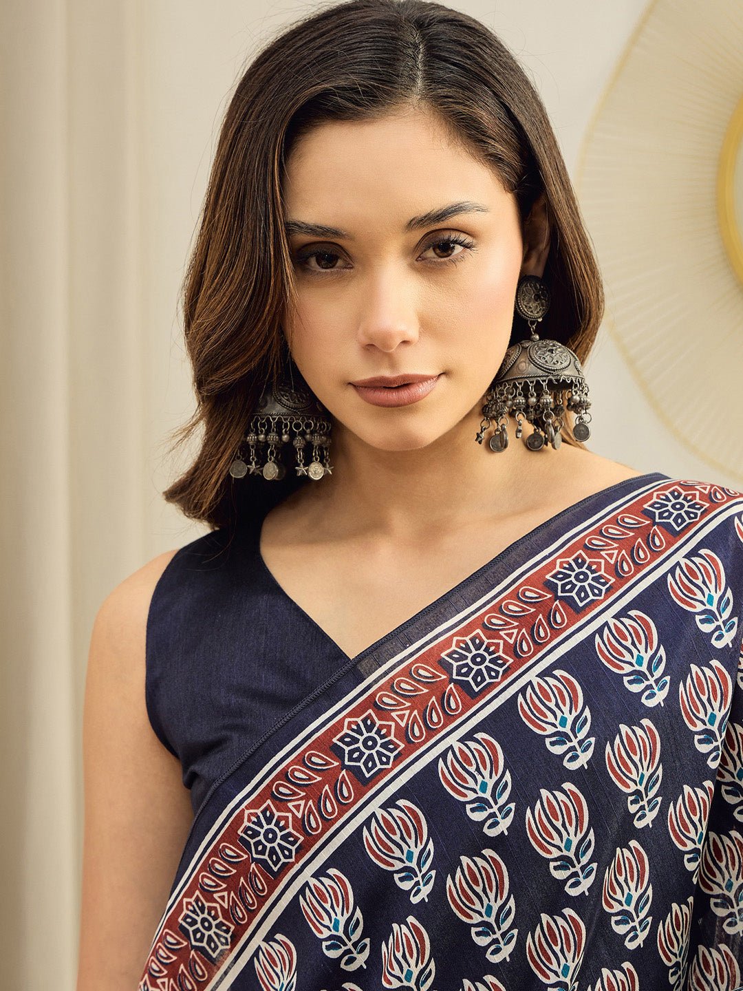 Navy Blue Block Printed Saree - Ressa