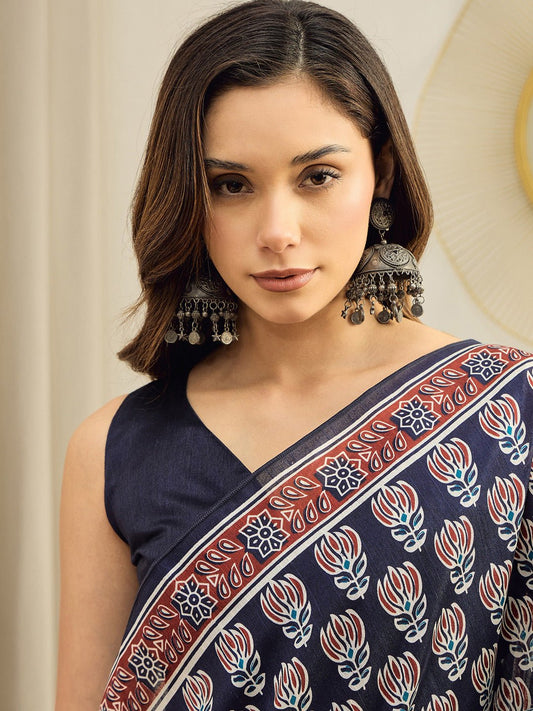 Navy Blue Block Printed Saree - Ressa