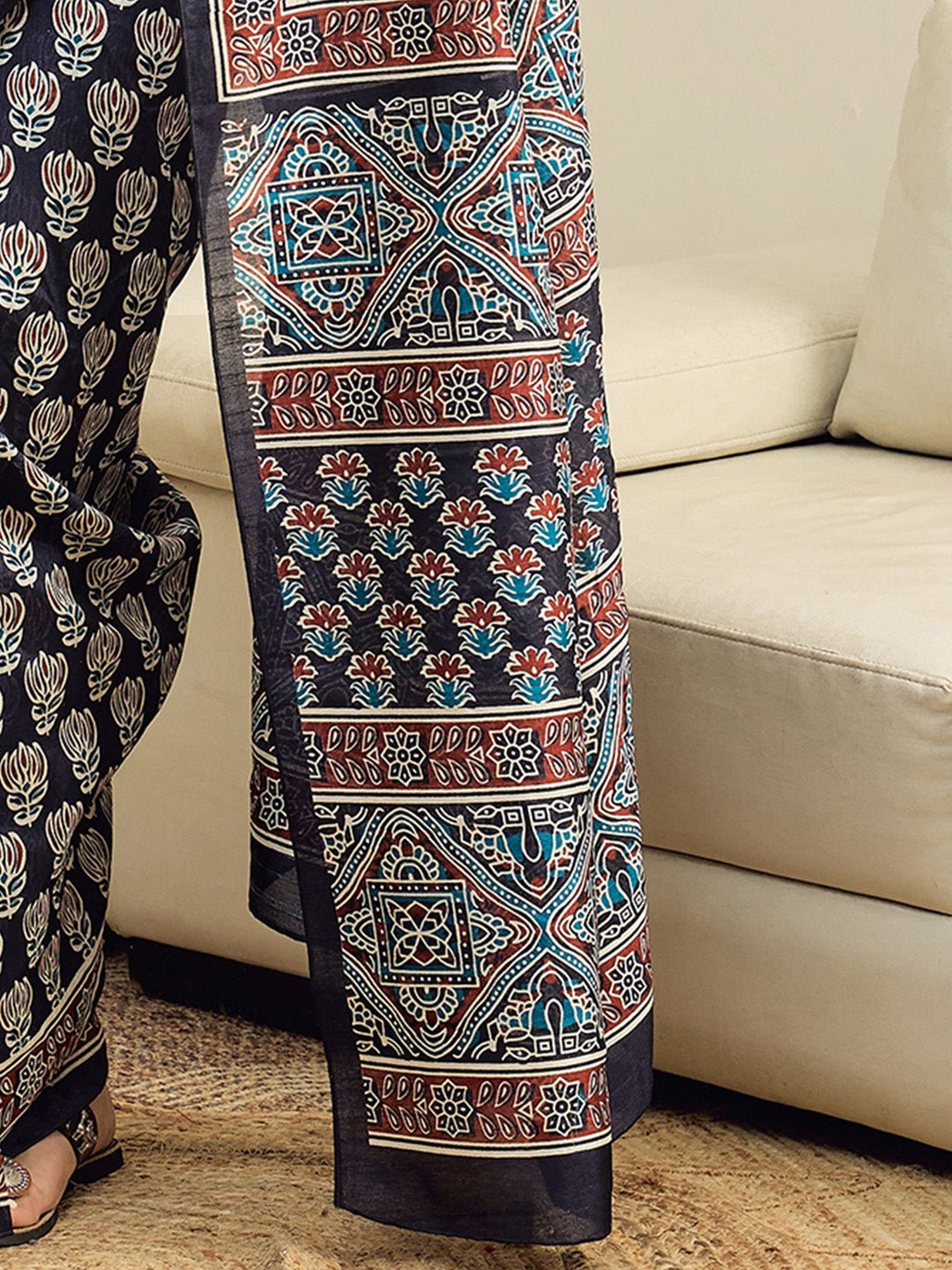 Navy Blue Block Printed Saree - Ressa