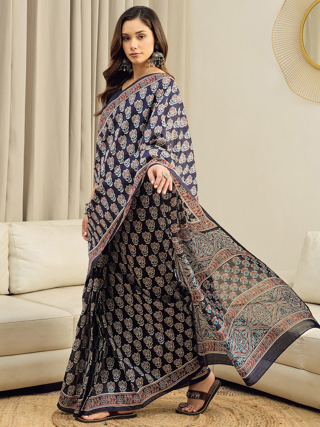 Navy Blue Block Printed Saree - Ressa