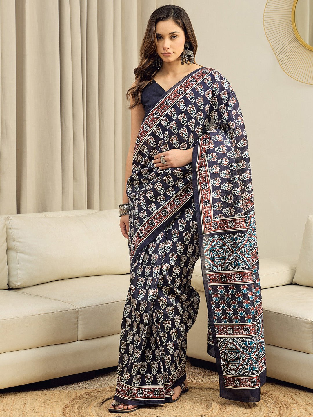 Navy Blue Block Printed Saree - Ressa