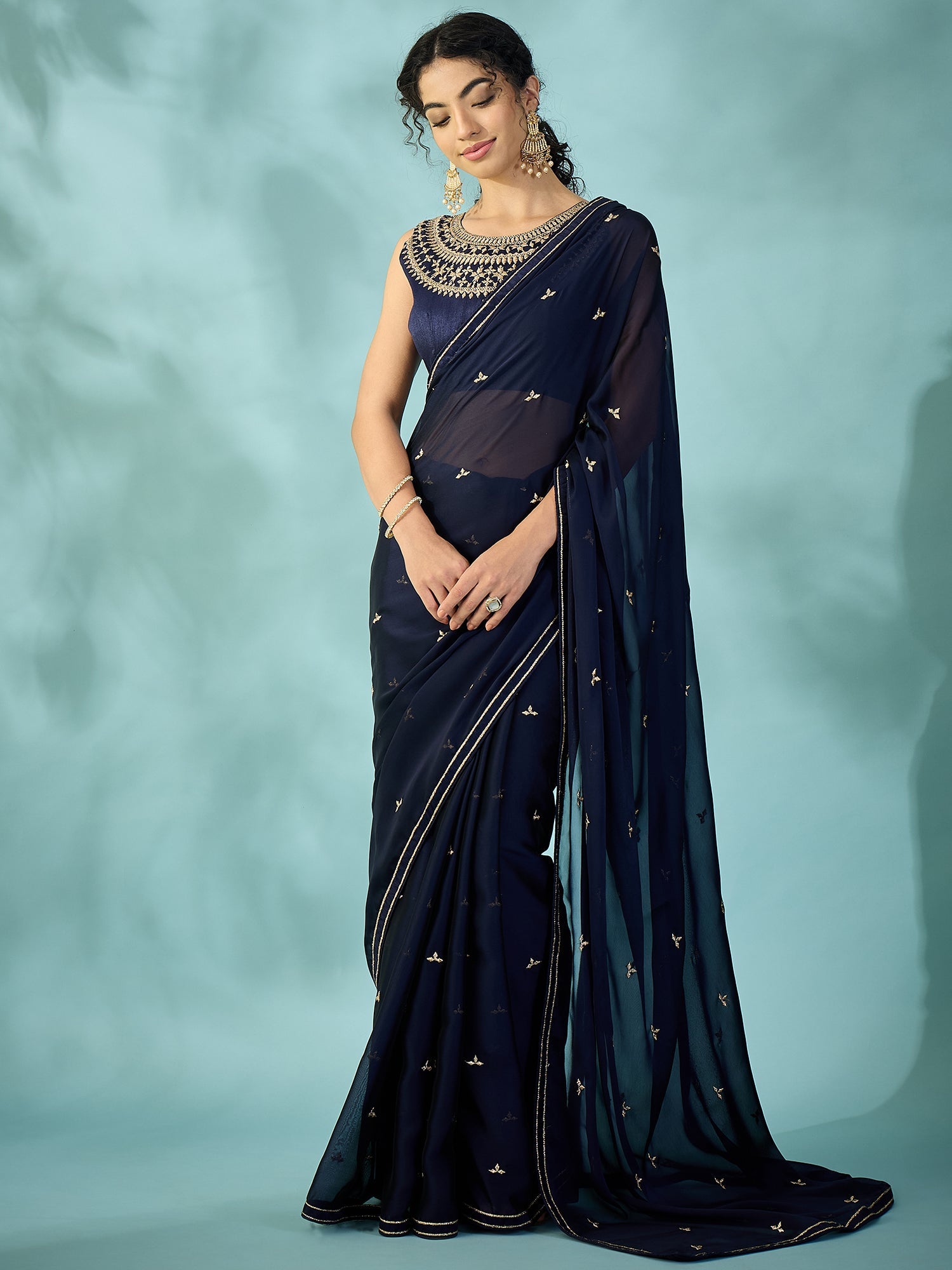 Navy Blue Chiffon Saree - Ressa