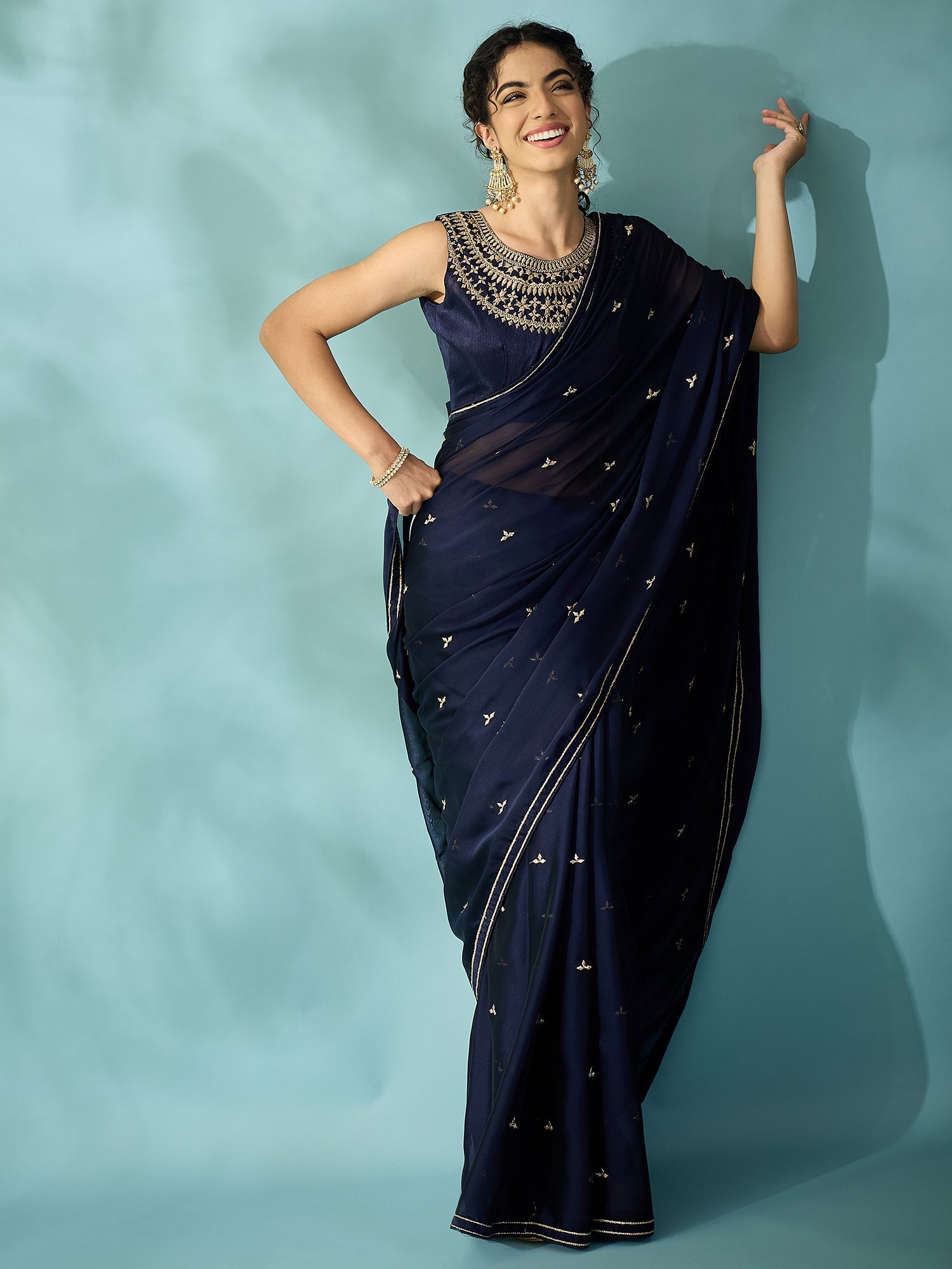 Navy Blue Chiffon Saree - Ressa