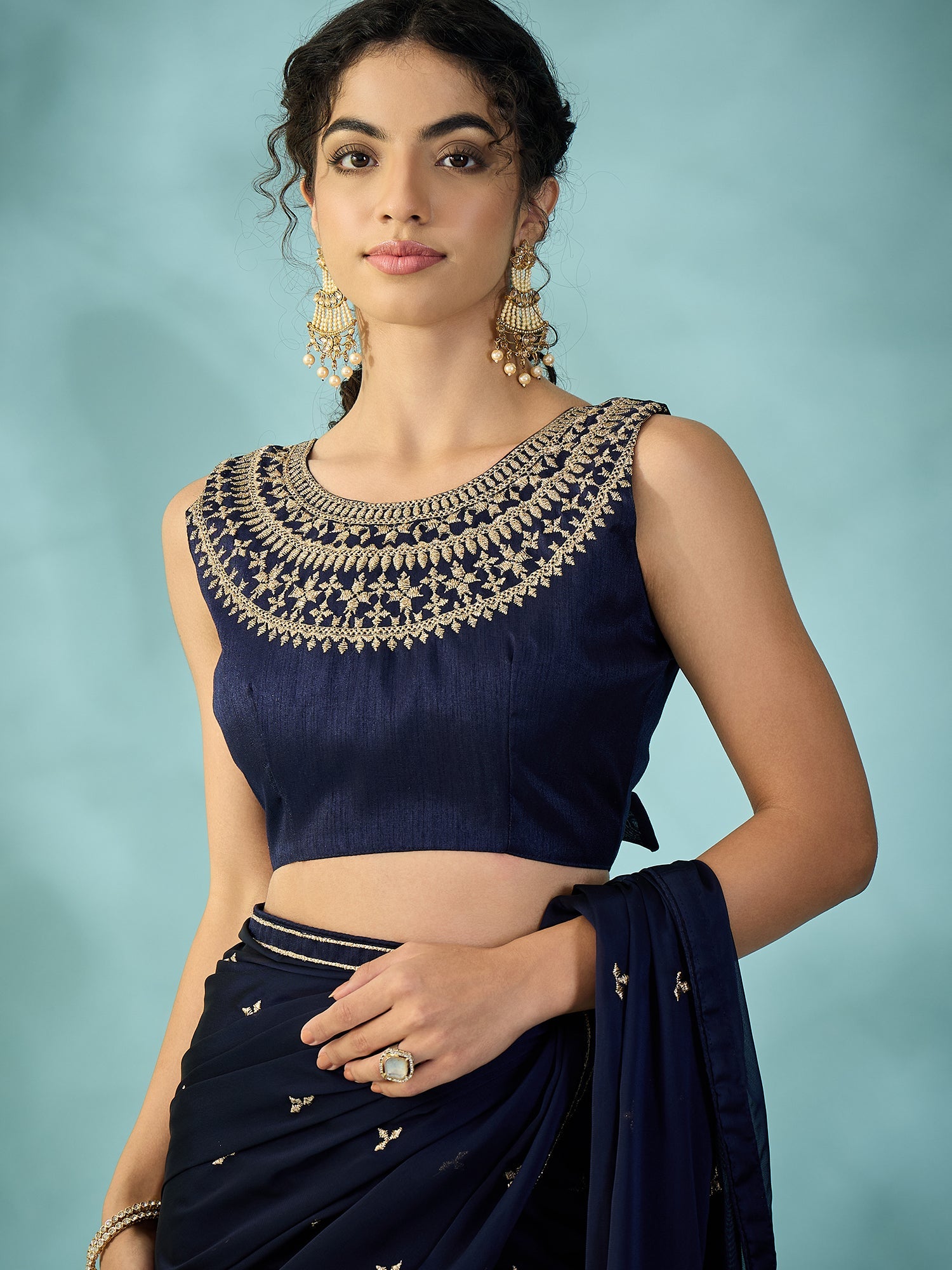 Navy Blue Chiffon Saree - Ressa