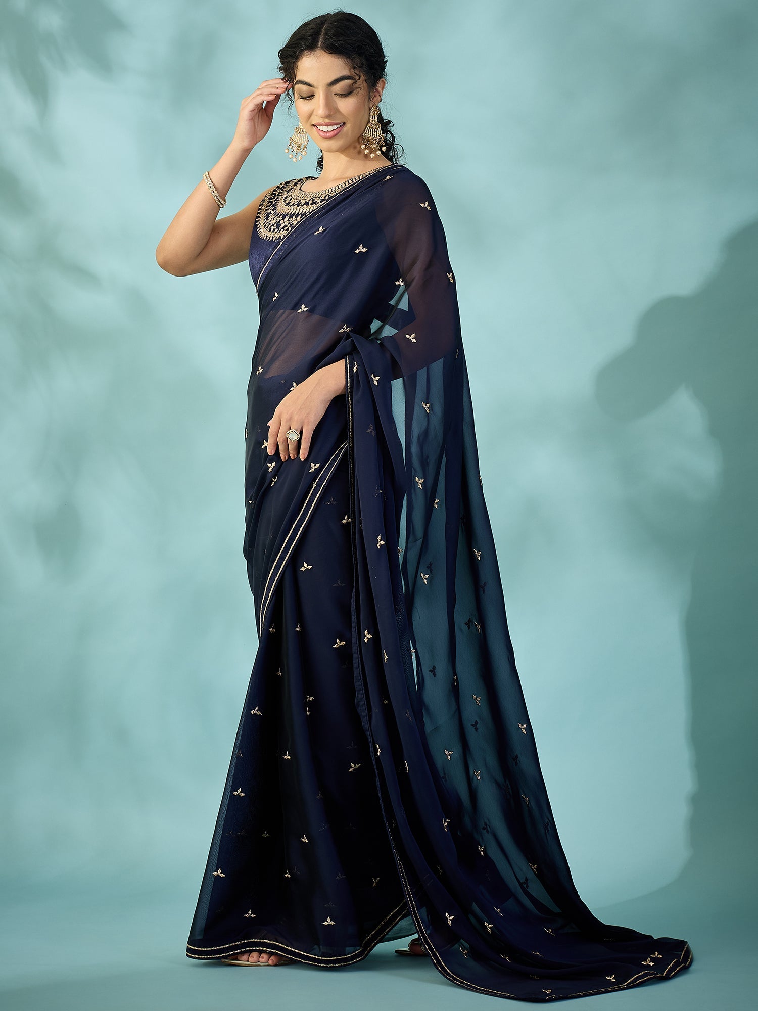 Navy Blue Chiffon Saree - Ressa
