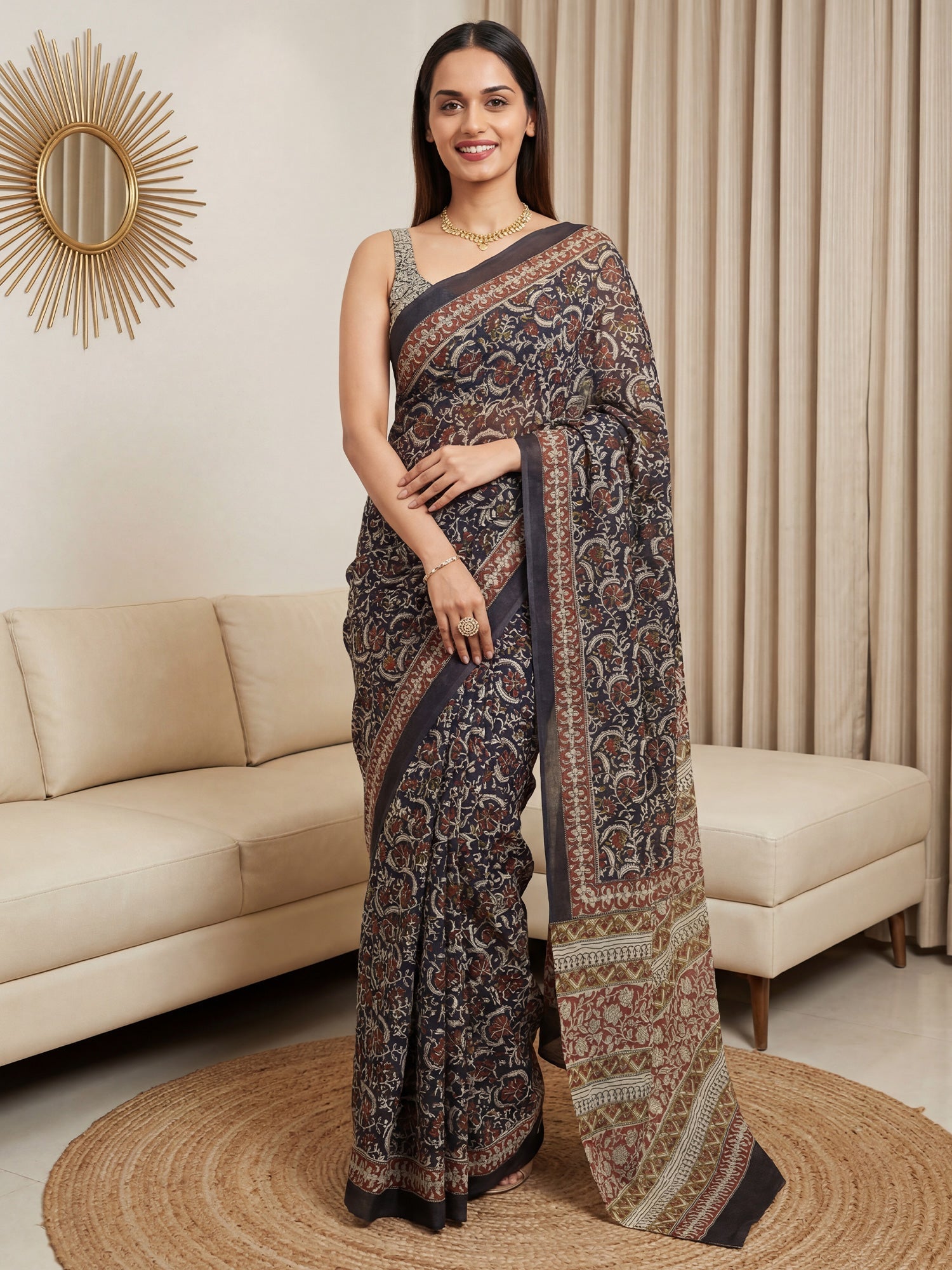 Navy Blue Cotton Blend Printed Saree - Ressa