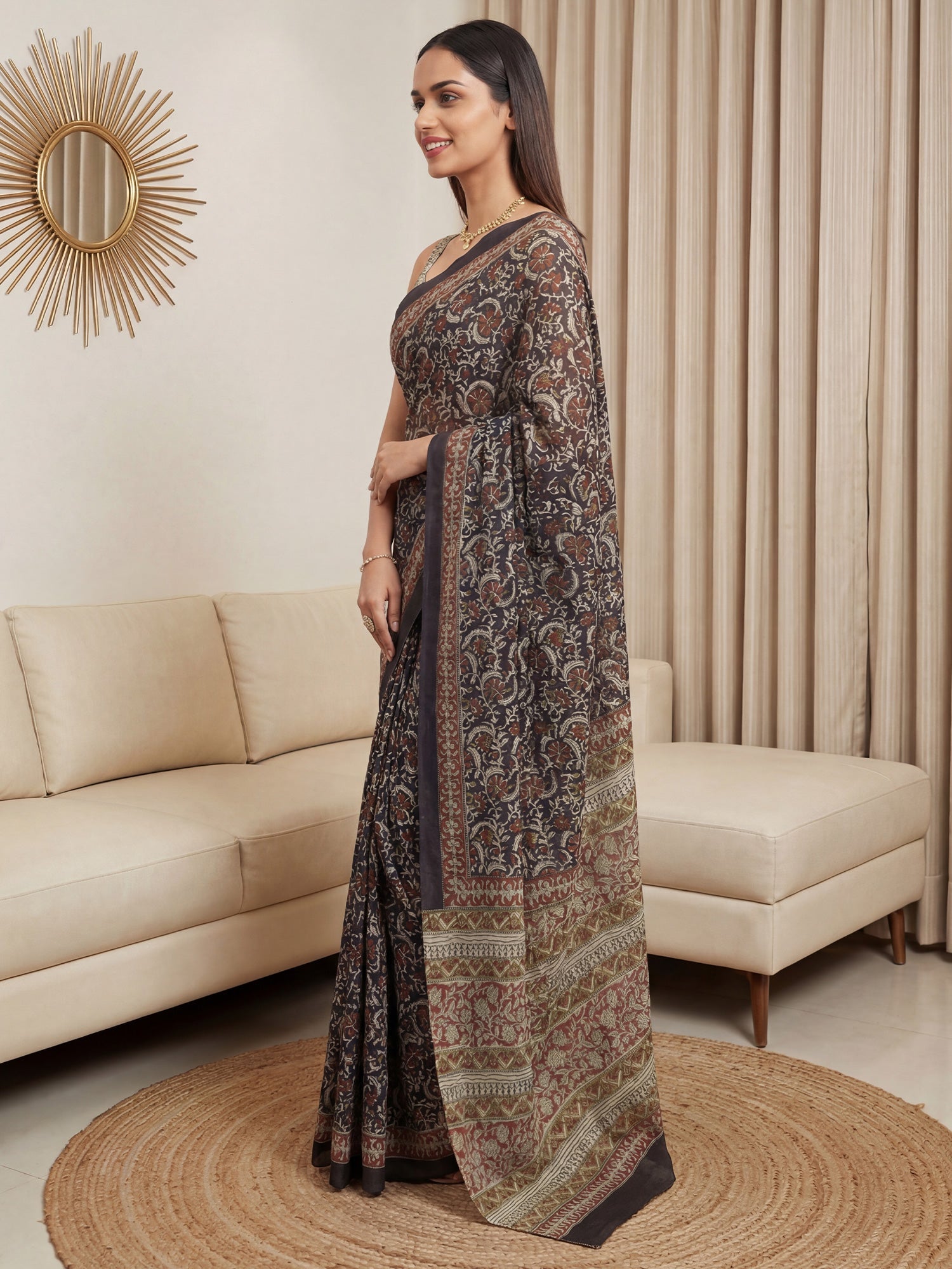 Navy Blue Cotton Blend Printed Saree - Ressa