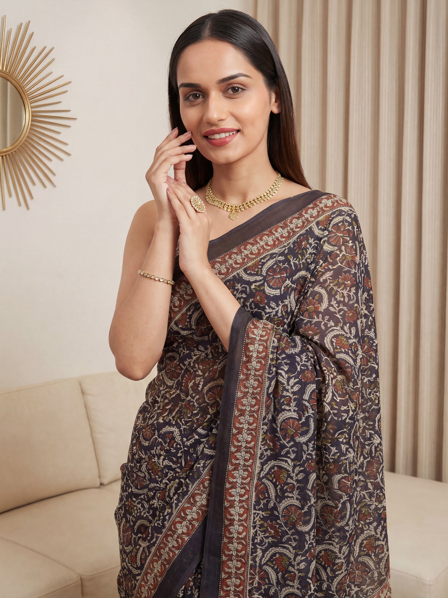 Navy Blue Cotton Blend Printed Saree - Ressa