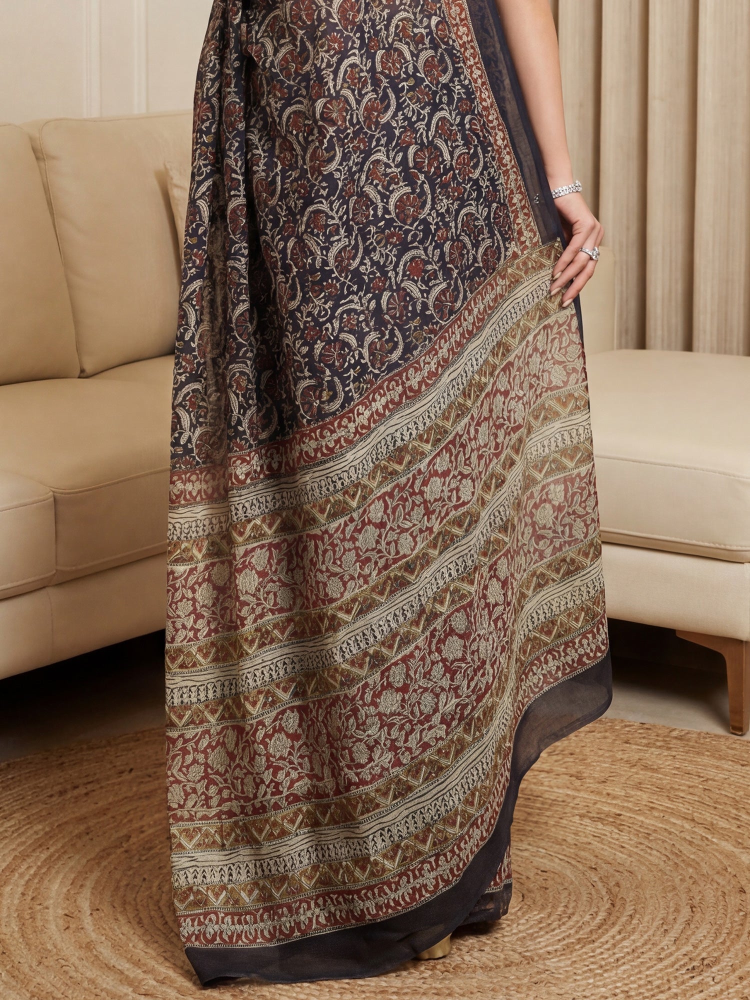 Navy Blue Cotton Blend Printed Saree - Ressa