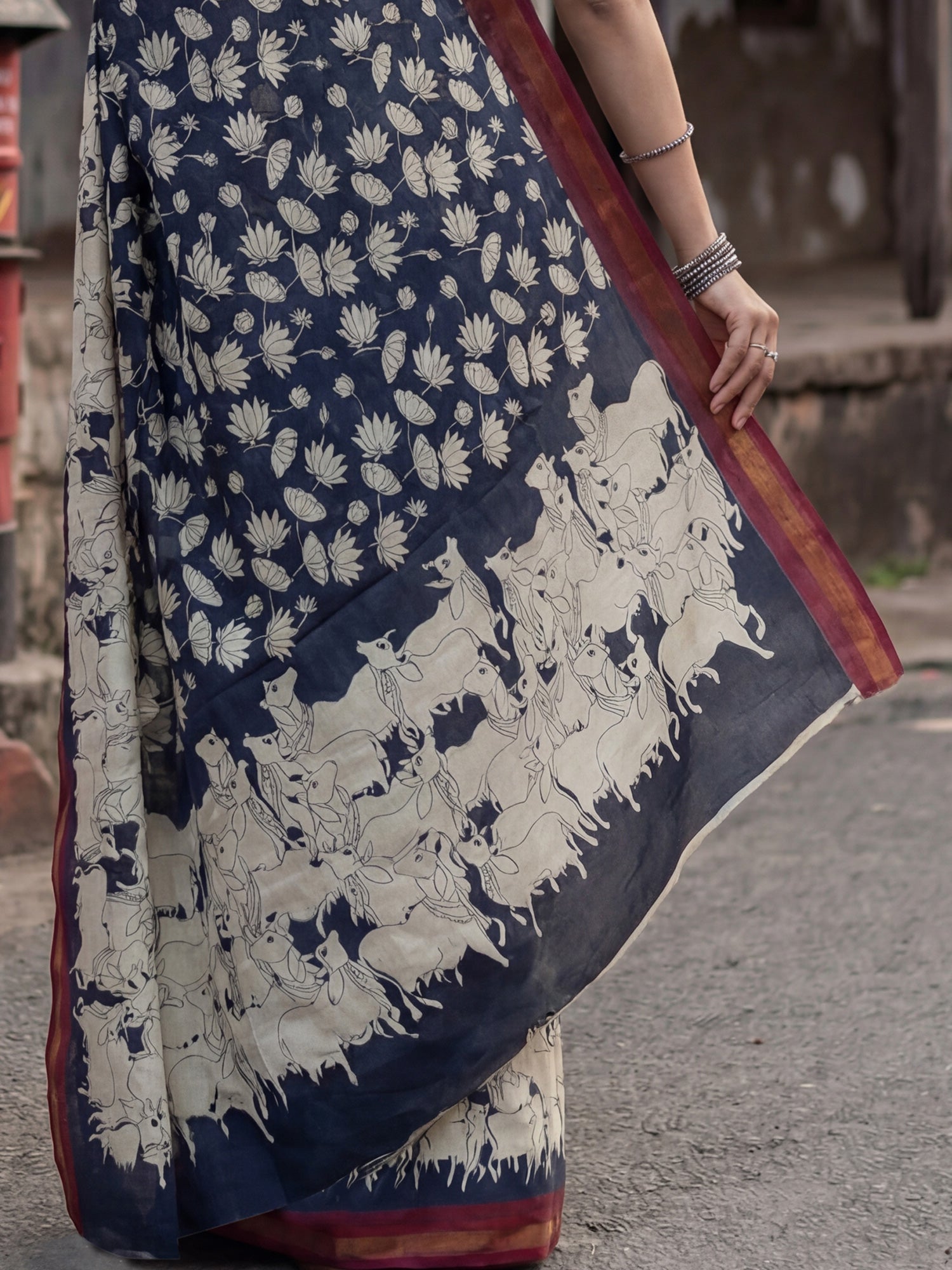Navy Blue Cotton Blend Saree with Traditional Cow Prints - Ressa