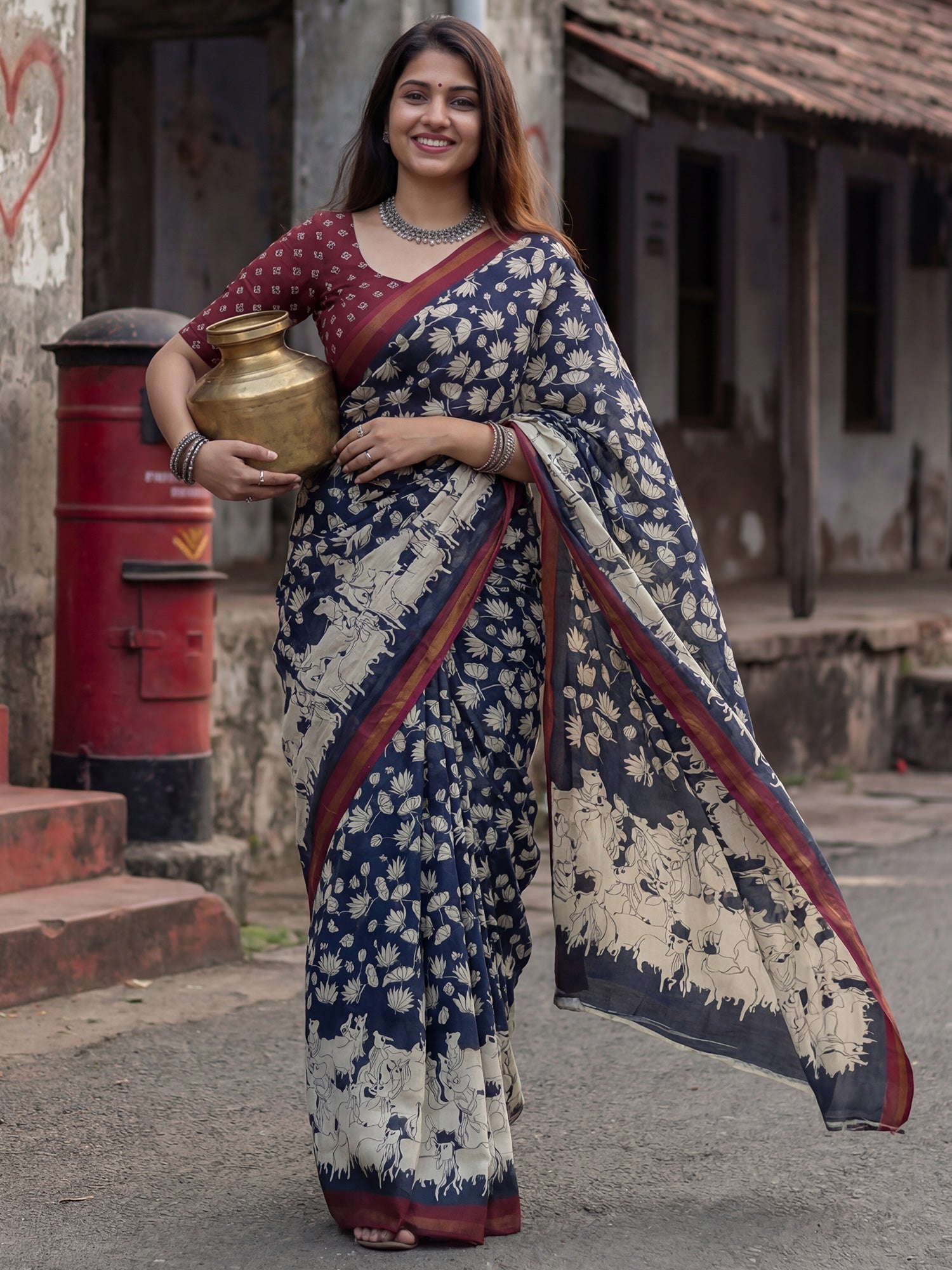 Navy Blue Cotton Blend Saree with Traditional Cow Prints - Ressa