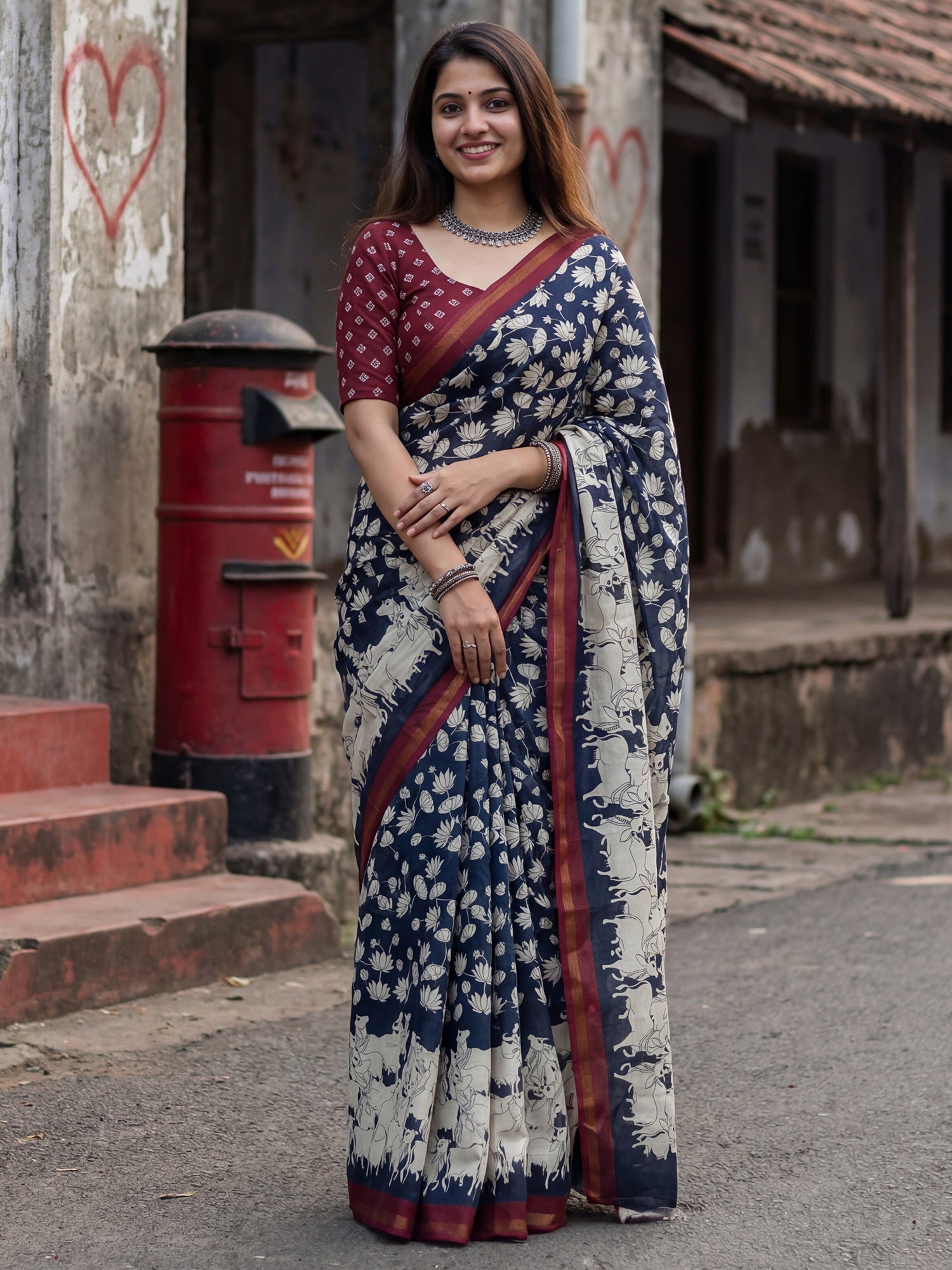 Navy Blue Cotton Blend Saree with Traditional Cow Prints - Ressa
